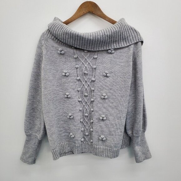 Womens 1X Gray Knit Bobble Sweater Pullover Off Shoulder Slouchy Collar Winter - Picture 3 of 15